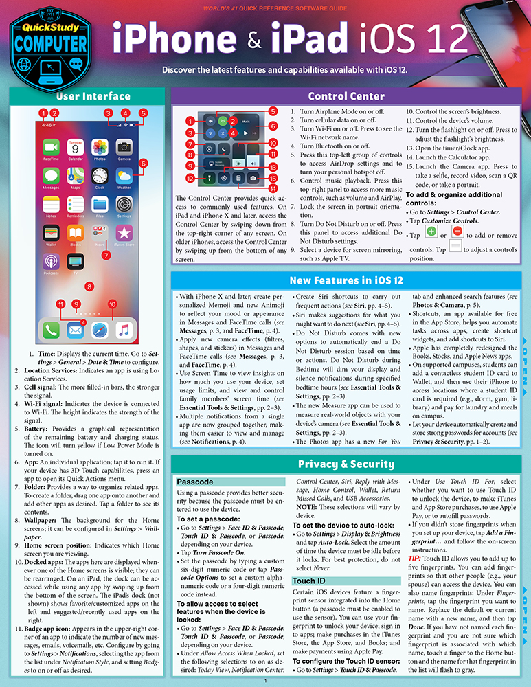 iPhone & iPad iOS 12: a QuickStudy Laminated Reference Guide First Edition, New Edition