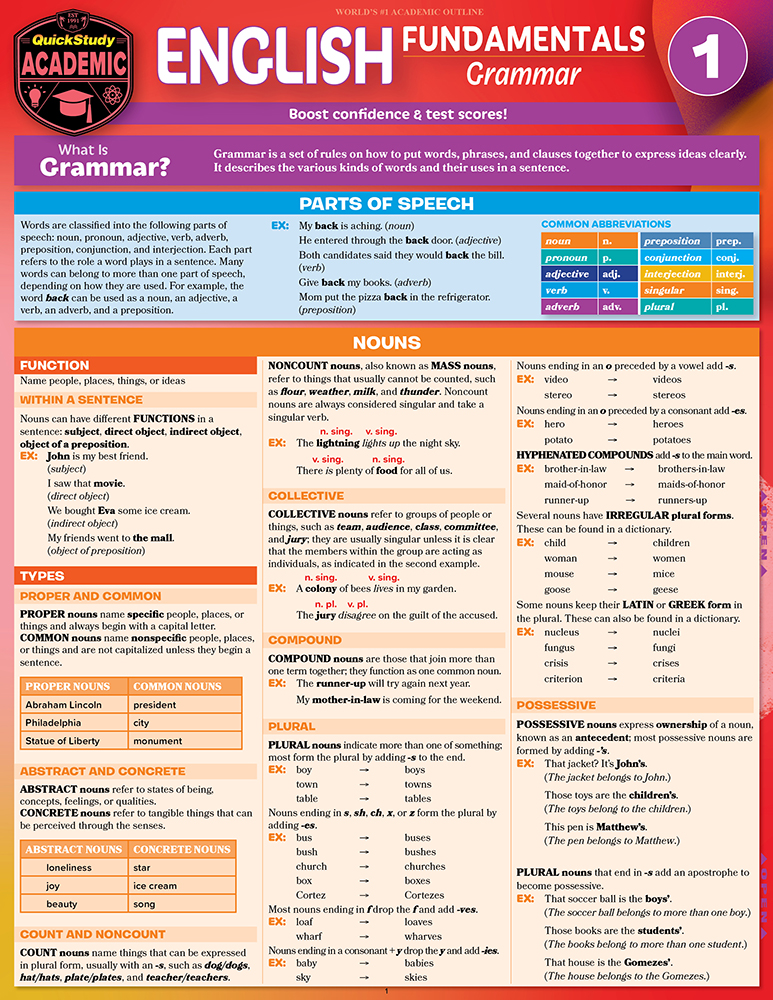English Fundamentals 1 - Grammar: QuickStudy Language Arts Reference & Study Guide Second Edition, New Edition, Updated & Revised