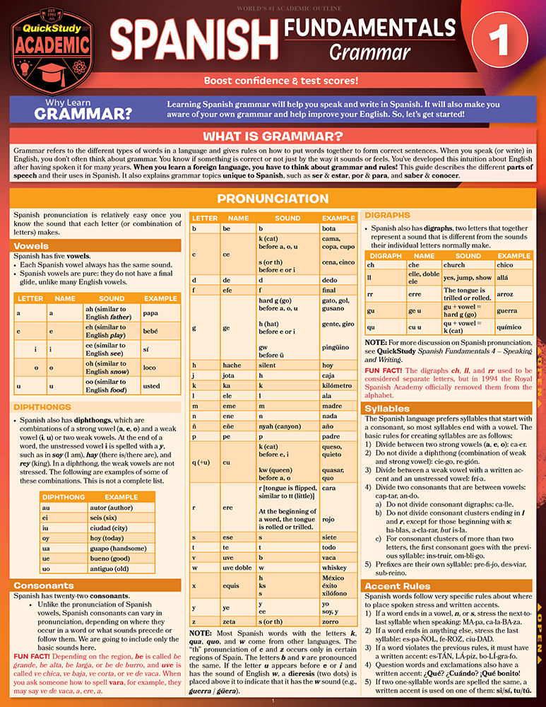 Spanish Fundamentals 1 - Grammar: a QuickStudy Laminated Reference Guide First Edition, New Edition